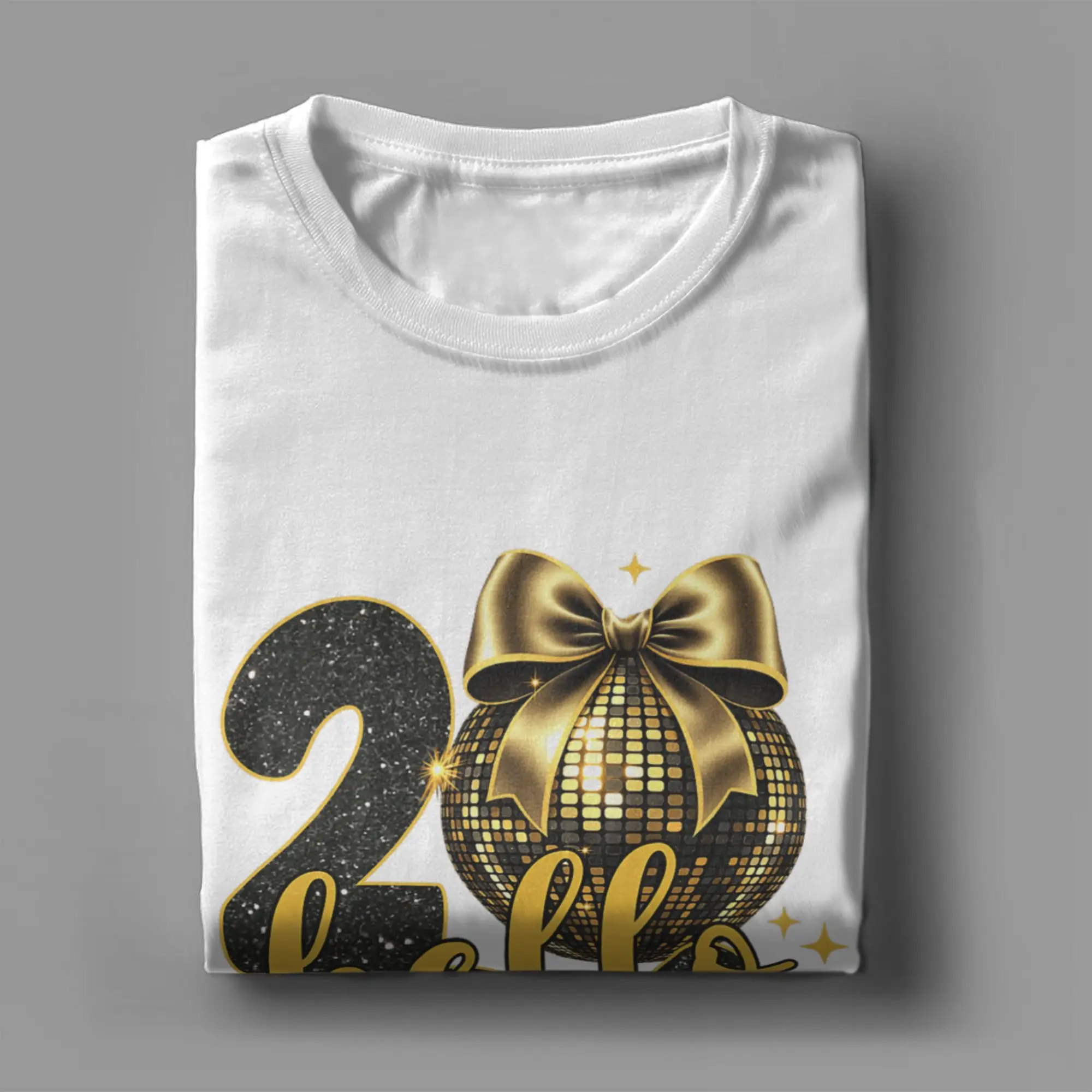 Bonne année 2026 Disco Ball rose Coquette Bow famille t-shirt pour hommes pur coton col rond t-shirts à manches courtes hauts uniques