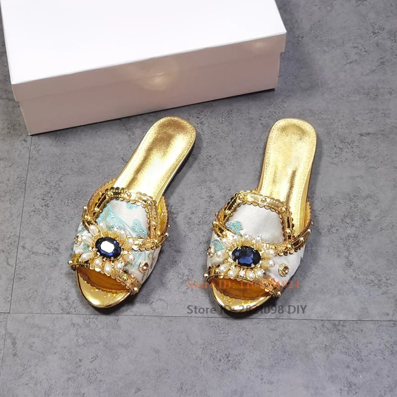 لامعة الأزرق جوهرة مختلط اللون المفتوحة تو النعال البغال النساء الانزلاق على أحذية صندل مريحة الصيف