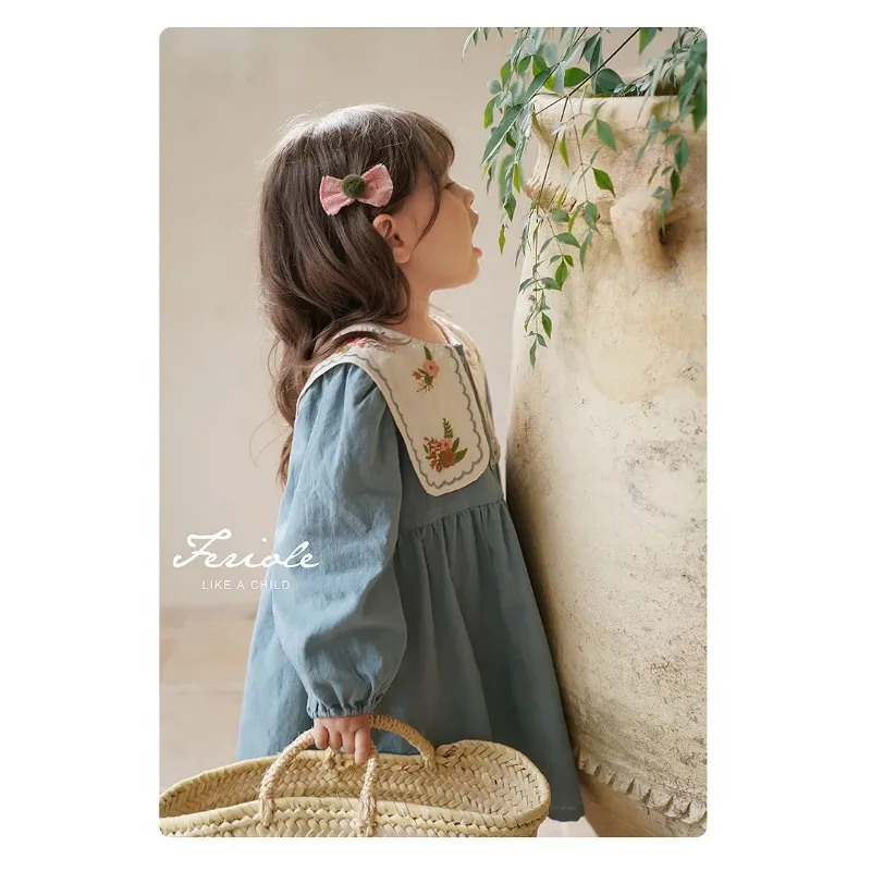 2024 Spring Girl\'s Fashion Embroidery Dress Baby Girl Korean Style Long-sleeved Flower Clothing Kids Casual Toddler Party Dress