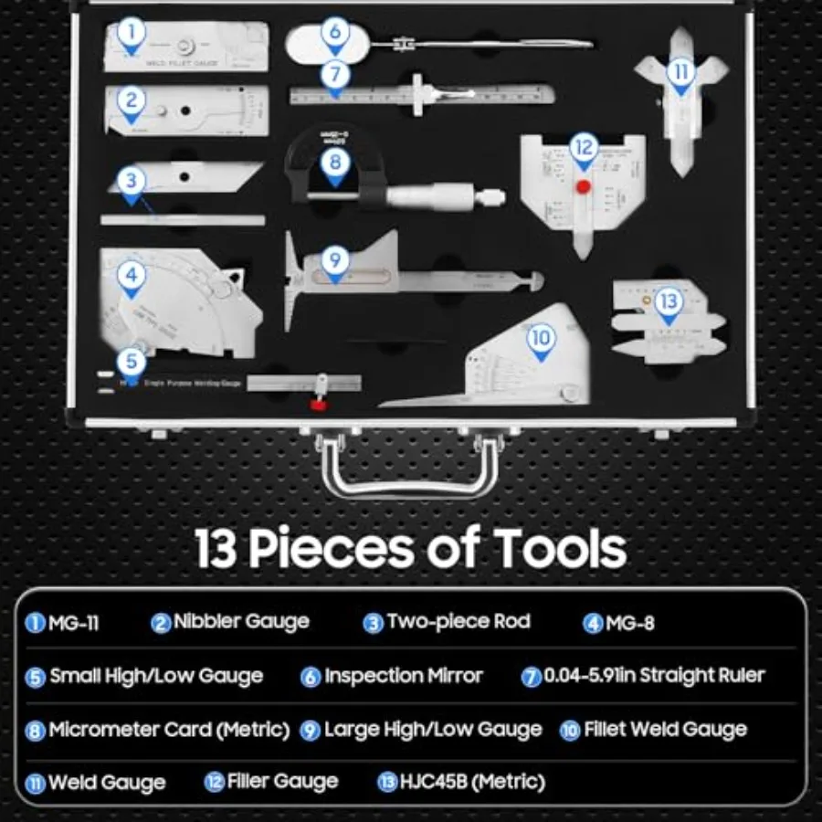 Welding practice kit for professional welders: stainless steel, silver, 13-piece measurement toolbox with ruler, fillet gauge,