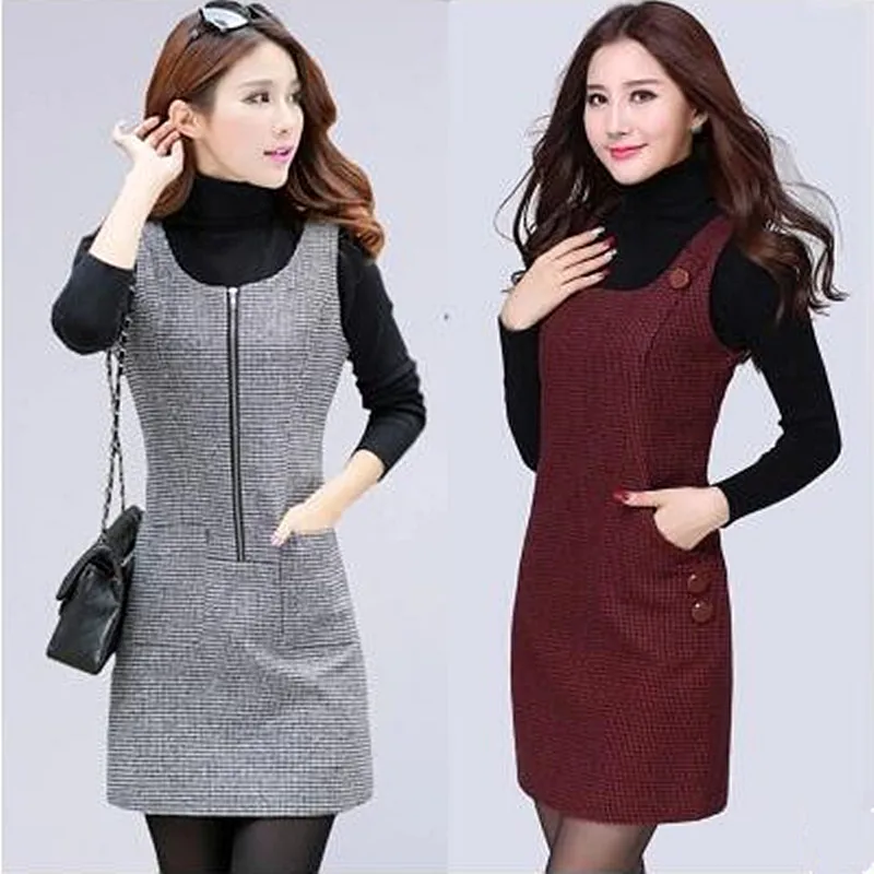 Women dress High quality fashion large, multi-pocket autumn winter dresses primer slim sleeveless wool vest dresses for women 01