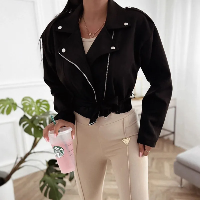 

Women Fashion Zipper Lace-Up Waist Short Coat Casual Long Sleeve Slim Outercoat Autumn Winter Elegant Lapel Collar Solid Jackets