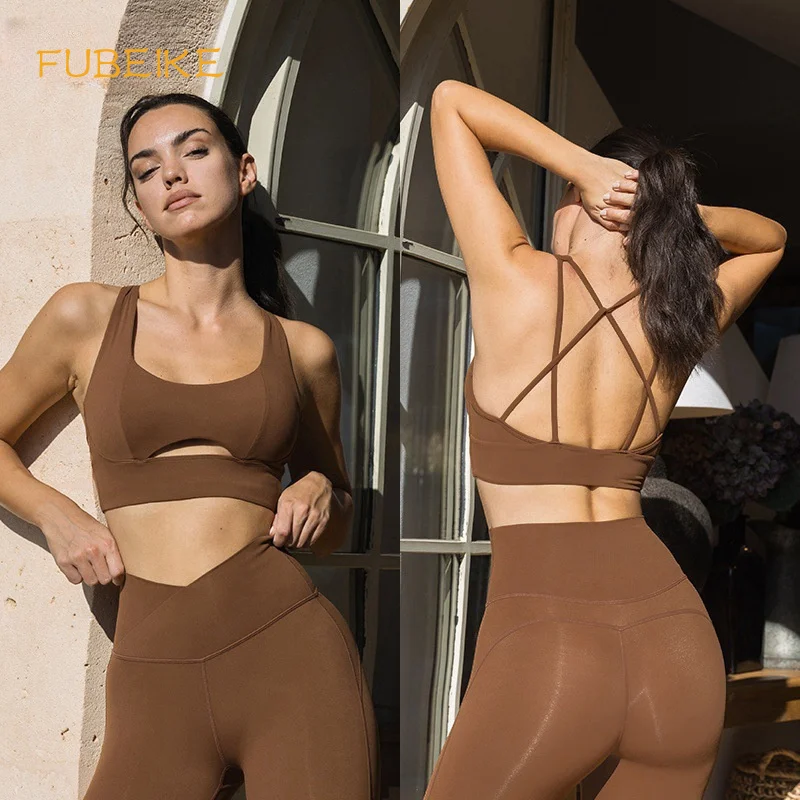 

FUBEIKE Summer Gathered Backless Yoga Bra With Chest Pads Tight Sporty Leggings Woman Women's Pants Sportswear Woman Gym