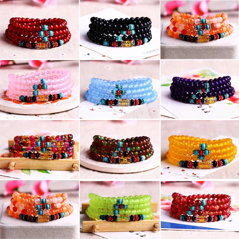 108-Bead Agate Multi- Buddhist , Chalcedony, Gold Sandstone, Six-Character Mantra, Three- Or Four-Loop Bracelet