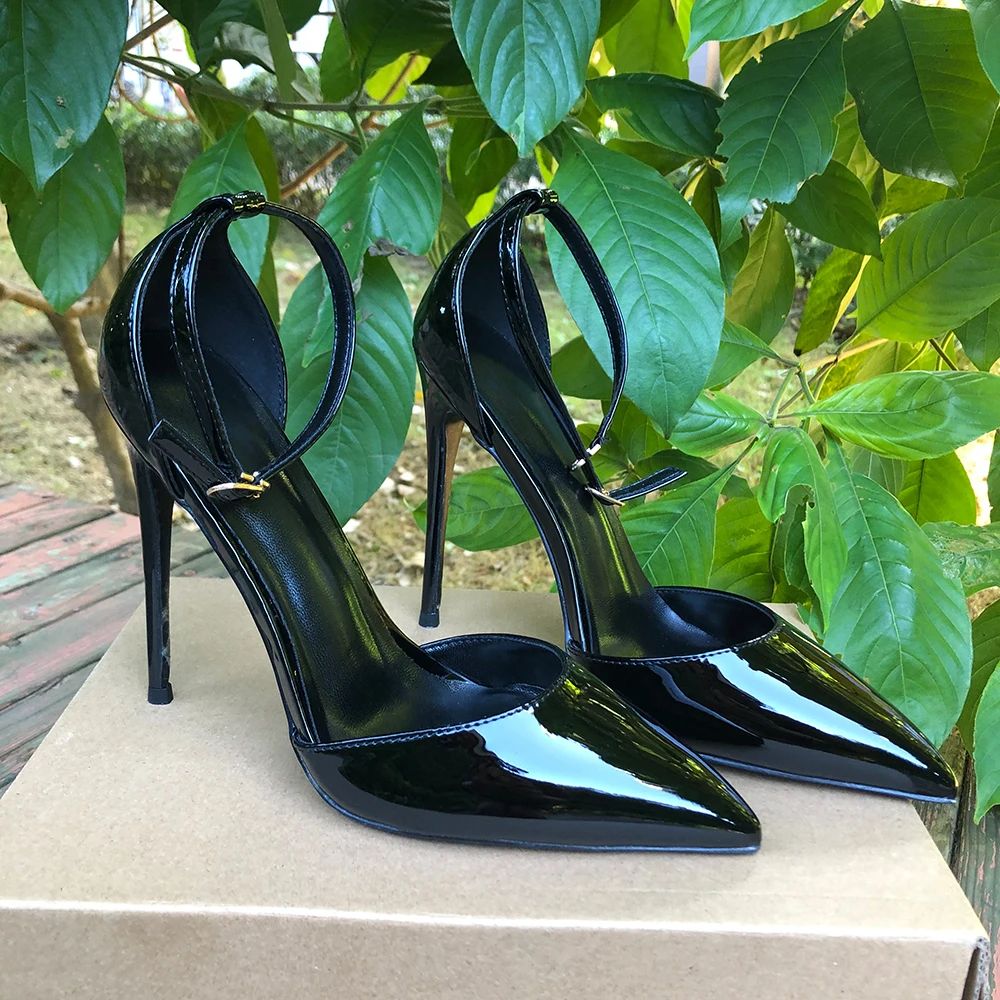 Tikicup Elegant All Black Ankle Strap D'orsay Shallow Stiletto Pumps Women Sexy Pointy Toe High heeled Wedding Party Shoes