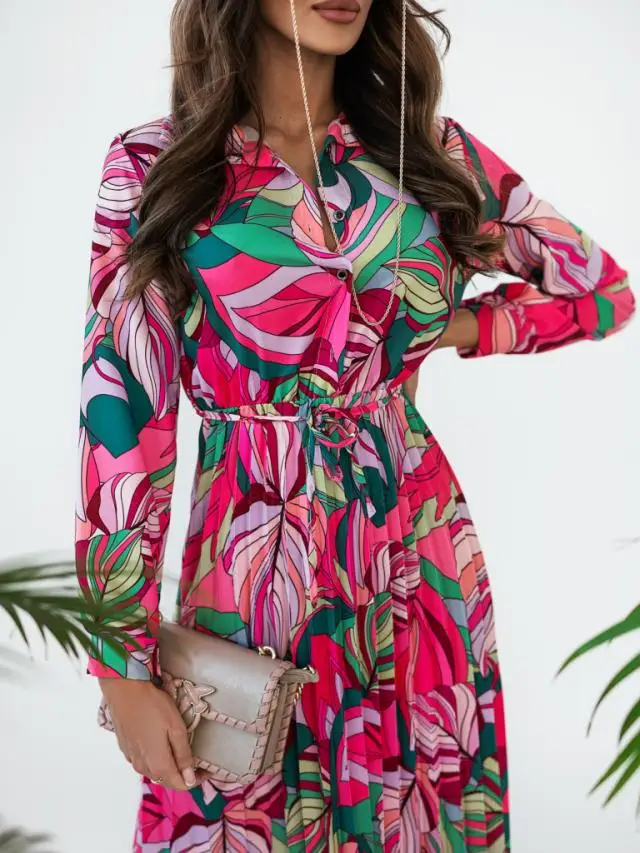 

Women's Clothing Spring and Summer New Fashion Commuter V Collar Long Sleeve Waist Printing Color Strap Pleated Dress