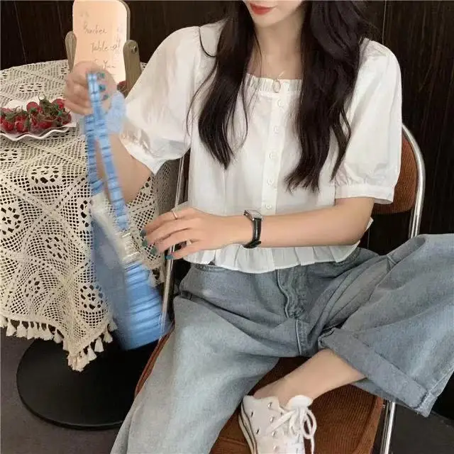 

Short Sleeve Shirts Womens Party Neck Bow Tie Edition Double Breasted Poplin Loose Hollow Color Tied Waist Bat Half Chiffon