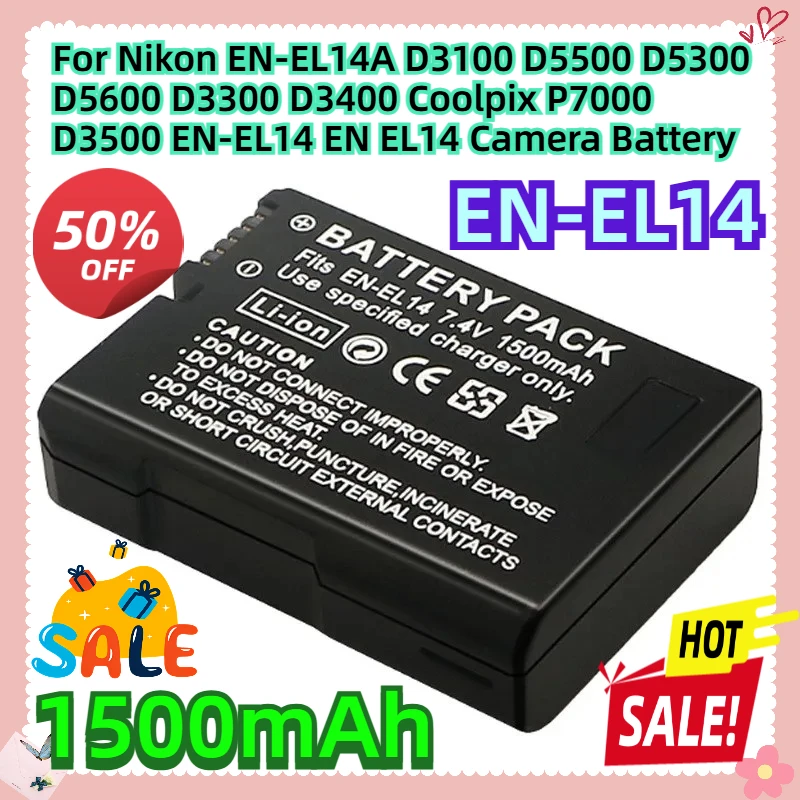 

For Nikon EN-EL14A D3100 D5500 D5300 D5600 D3300 D3400 Coolpix P7000 D3500 1500mAh EN-EL14 EN EL14 Camera Battery