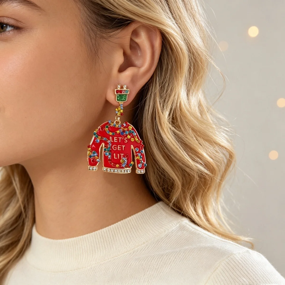 Bunte Strass-Weihnachtspullover-Geschenkbox-Ohrhänger für Damen, Weihnachts-Schneeflocken-, Schlittschuh-, Glühbirnen- und Haus-Ohrringe, Schmuck – Detail 7