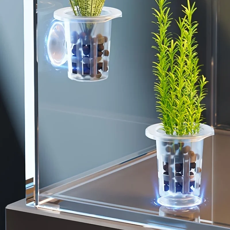 5 Stück transparente Kunststoff-Pflanzbecher für Aquarien mit Saugfuß – Wassergras-Pflanzgefäße zur Dekoration von Süßwasser-Aquarien – Detail 1