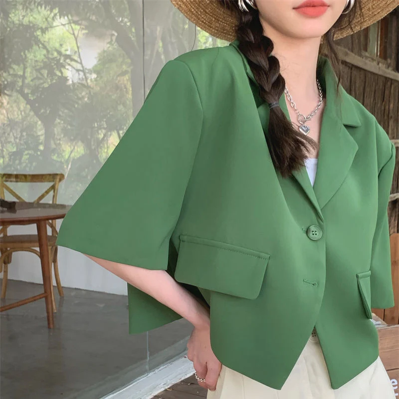 Fashion Streetwear Women Short Sleeve Suit Blazer Summer Loose Solid Top Casual Korean All-match Elegant Button Suit Blazer New