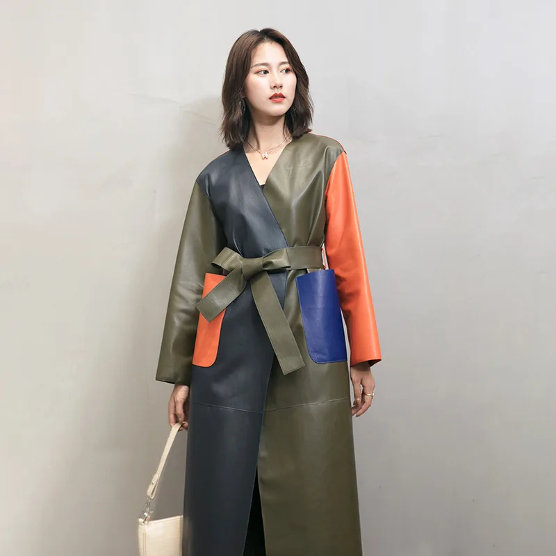 

2025 Double Faced Sheepskin Leather Jacket Women Long Coat Contrast Color Design