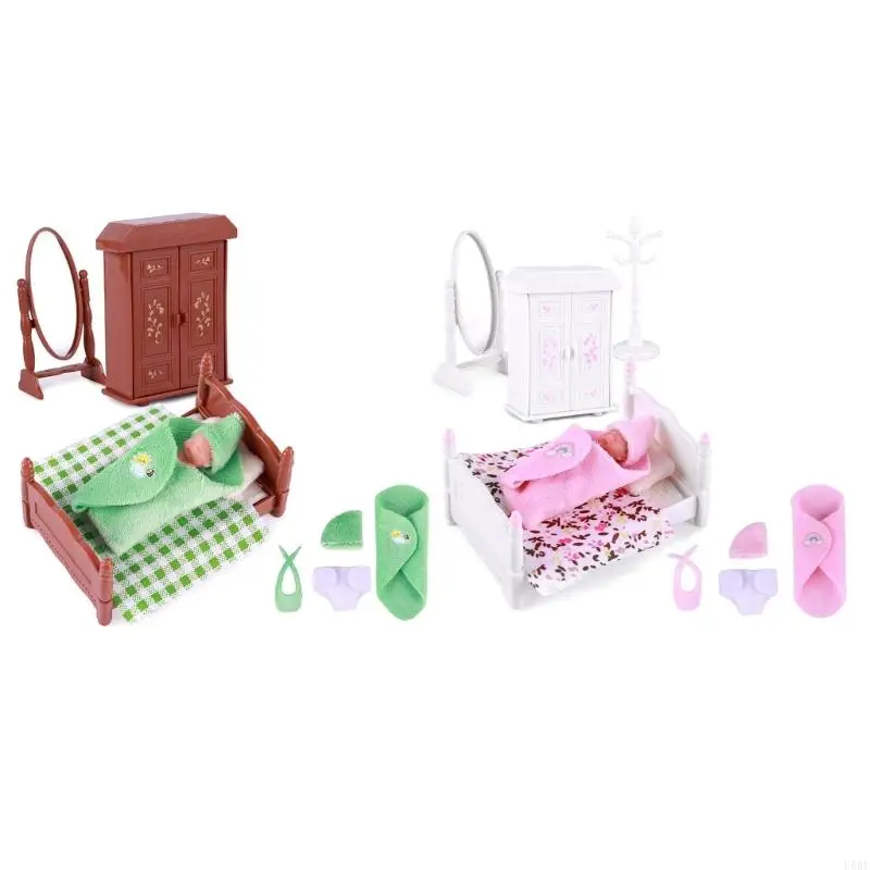 

U50F 3inch Realistic Miniature Sleeping Reborns Silicone Baby Doll with Bibs Hat and Furniture for Children Pretend Play