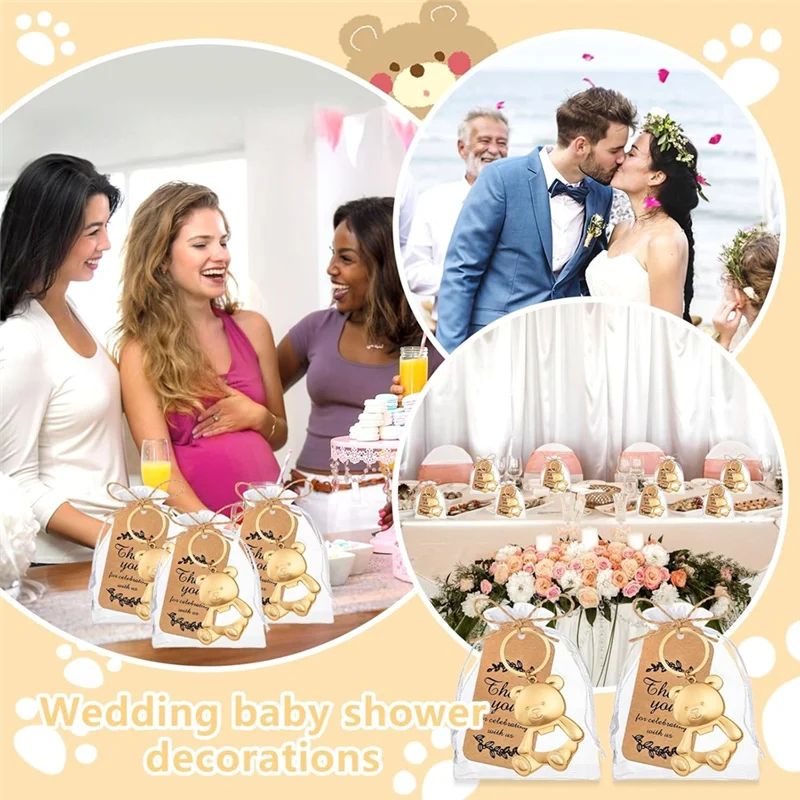 

ABGE-Baby Shower Return сувениры, 50 упаковок, открывалка для бутылок с медведем, брелки для гостей с бирками для сумок из органзы