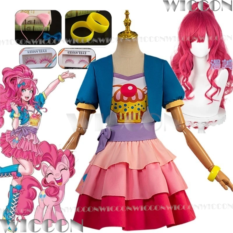 Pinkamena Diane Pie Anime Pony Cosplay Costume Cake Pinkie Pie Pink Skirt Wig Eyelash Women Girl Outfit Holloween Customized