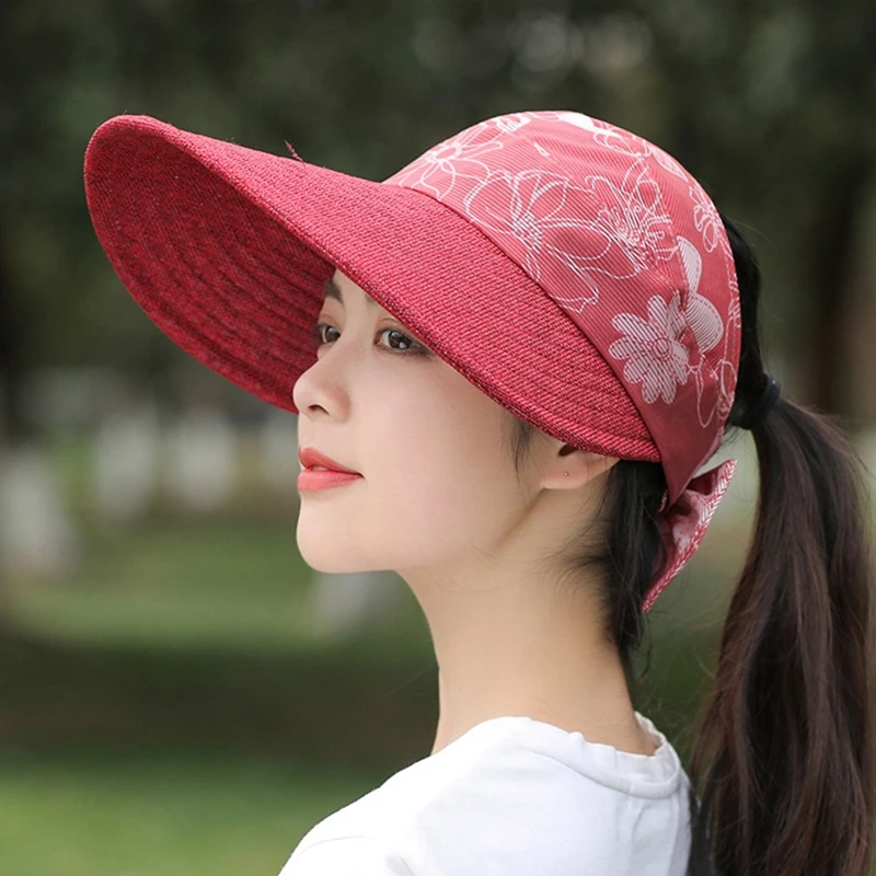 Summer Sun Hat Flower Printed Visor Caps Female Scalable Brim Empty Top Baseball Cap UV Protection Beach Outdoor Sun Hats Women