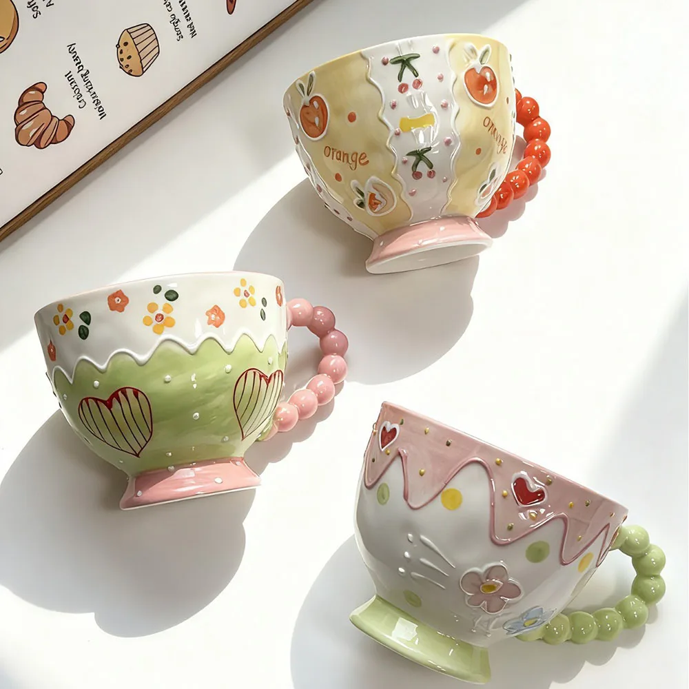 INS Style Hand‑Drawn Relief Cartoon Ceramic Mug Large Capacity Coffee Tea Cup Cute Breakfast Oat Milk Couple Cup Gift