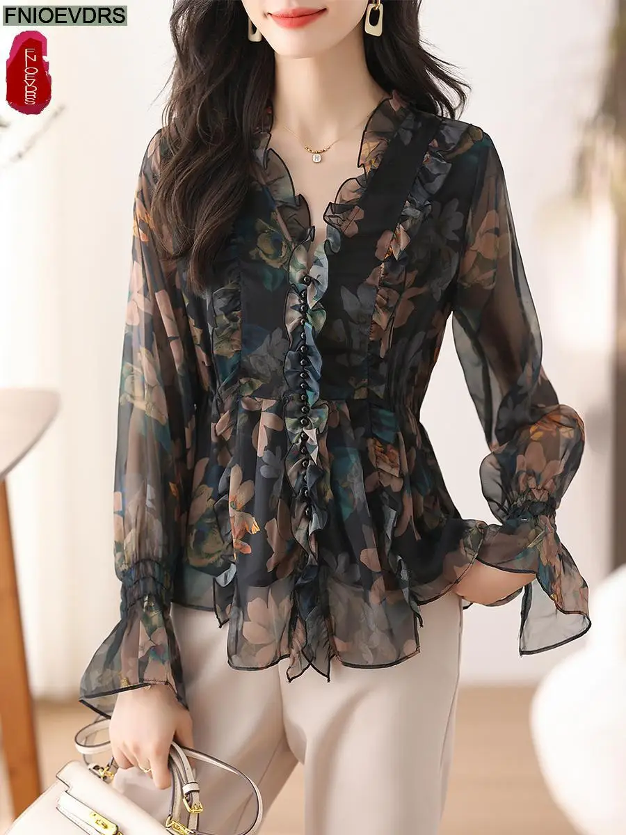 S-3XL 2024 Women Spring Basic Wear Chiffon Shirts New Chic Design Retro Vintage Button Flower Peplum Belly Ruffles Tops Blouses