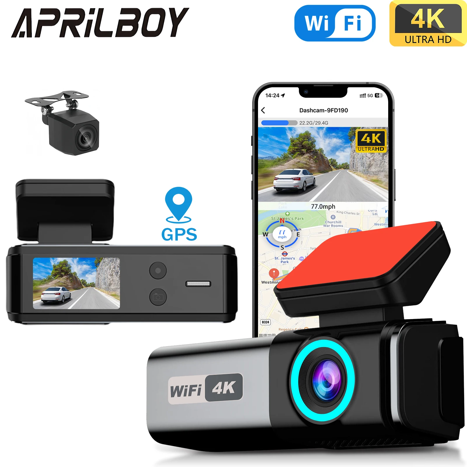 Aprilboy 4K Dash Camera Front and Rear WiFi Car Dvr Dual Car Camera Easy To Install Car Camera Recorder Touched GPS Black Box