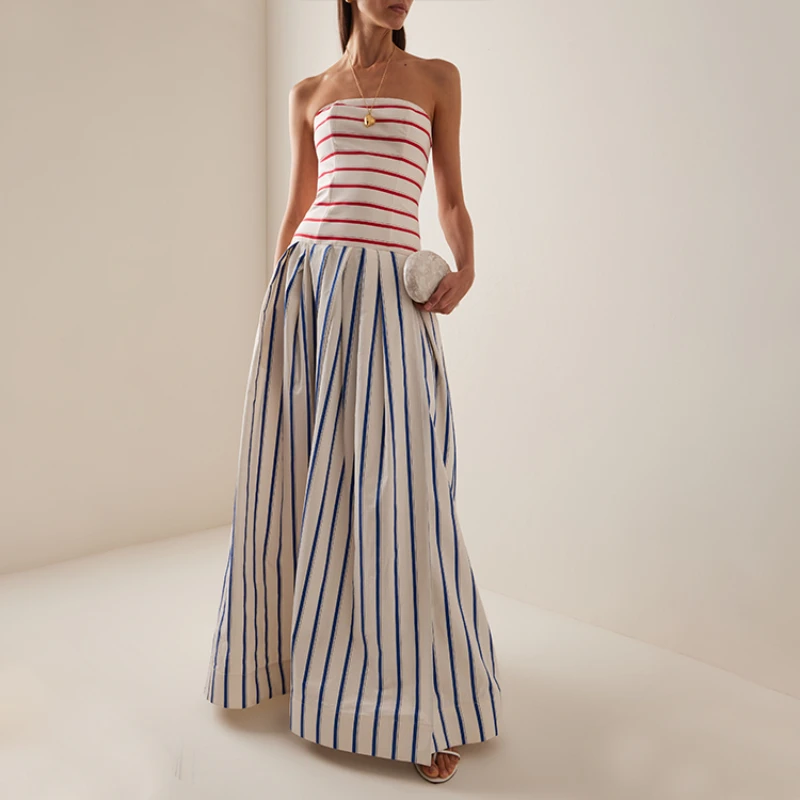 Flaxmaker 2025 Bandeau Striped Print Sling Maxi Dress Summer Off The Shoulder Party Vestidos Femme Holiday Dresses