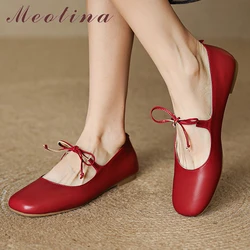 Meotina Women Genuine Leather Mary Janes Flats Round Toe Sheepskin Lace-up Ladies Fashion Shoes Spring Autumn Red Silver 42