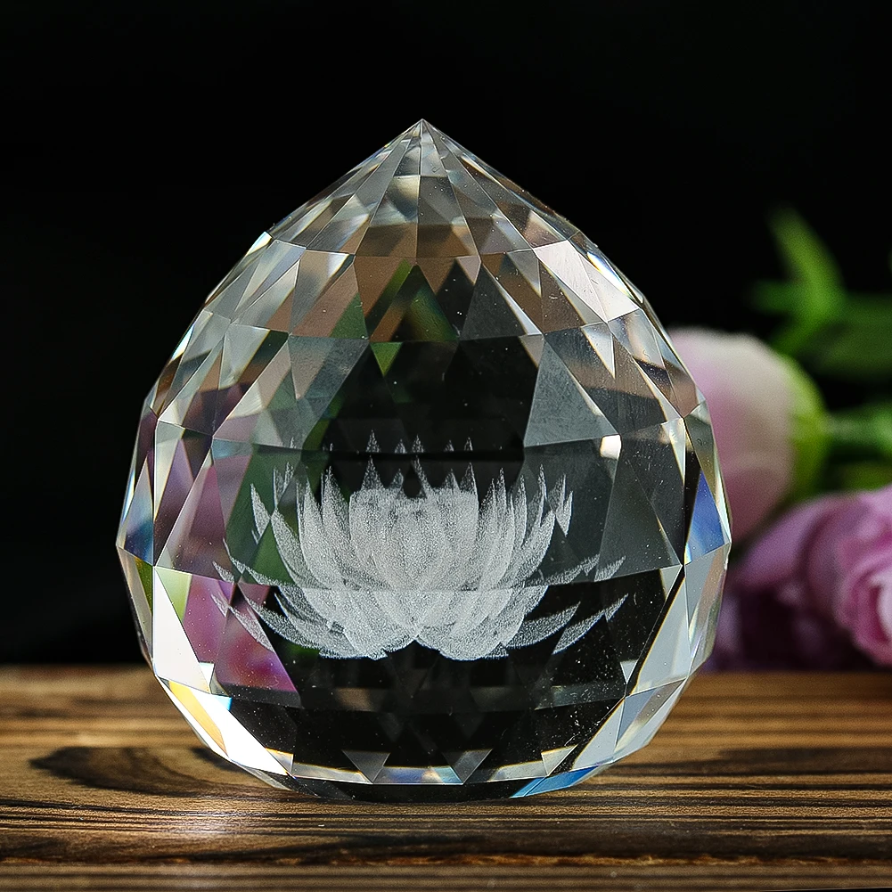 Transparent Crystal Multi Faceted Inside Carved Lotus Desktop Ornaments Decorative Glass Art Prism Faceted Home Office Display