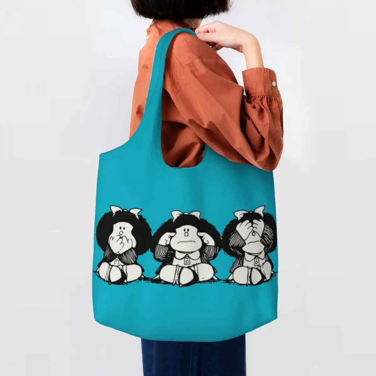 

Humor Mafalda Groceries Shopping Bags Canvas Shopper Shoulder Tote Bags Capacity Washable Cartoon Manga Quino Handbag