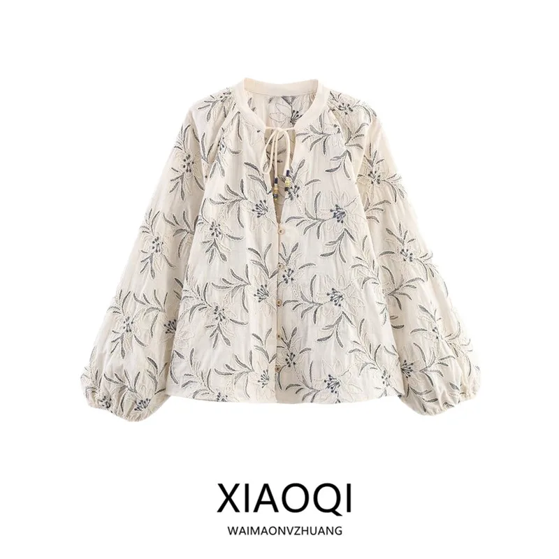 Autumn 2025 New Women's Fashion Design Versatile Old Style Embroidery Structure Shirt Loose Bubble Sleeve Regular Thickness
