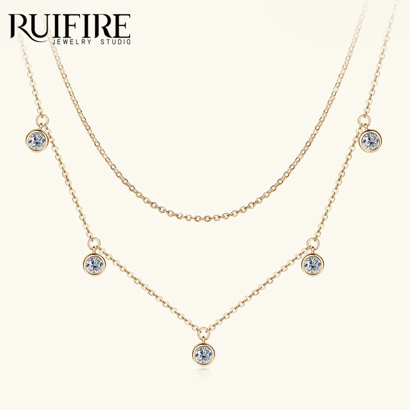 

RUIFIRE 14K Gold Plated 925 Sterling Silver Double Layer Necklace Multi Round Moissanite Pendant Chain Necklaces Daily Wear
