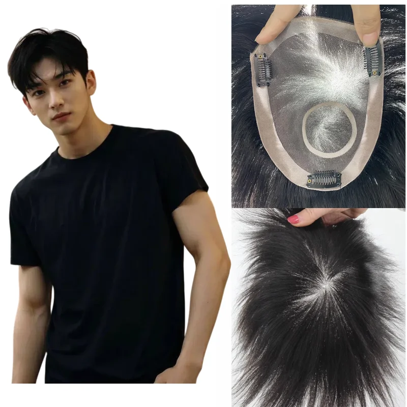

100% Human Hair Men Toupee Mono Top Base 6 Inch PU Border Lace Mesh With Clips Hand Tied Construction Natural Black Men Wig