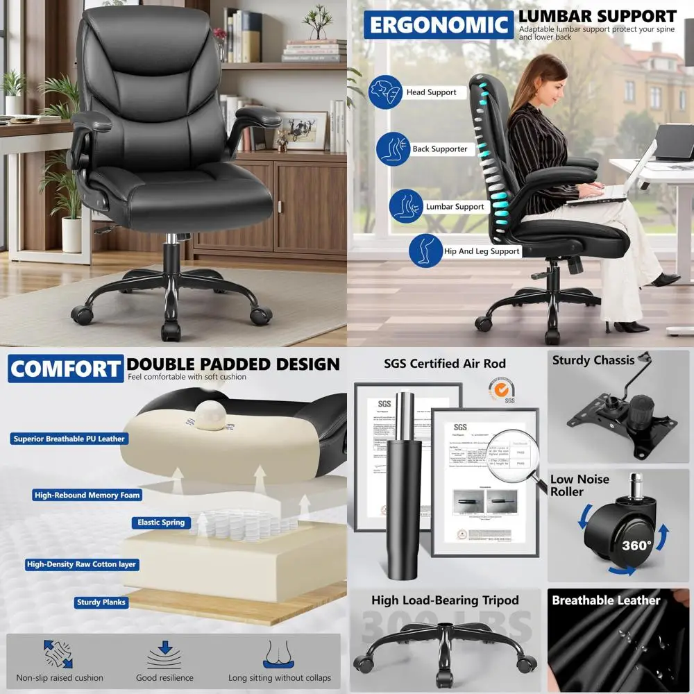 

Ergonomic High-Back PU Leather Office Chair with Adjustable Height, Swivel, Flip-Up for Computer and Gaming