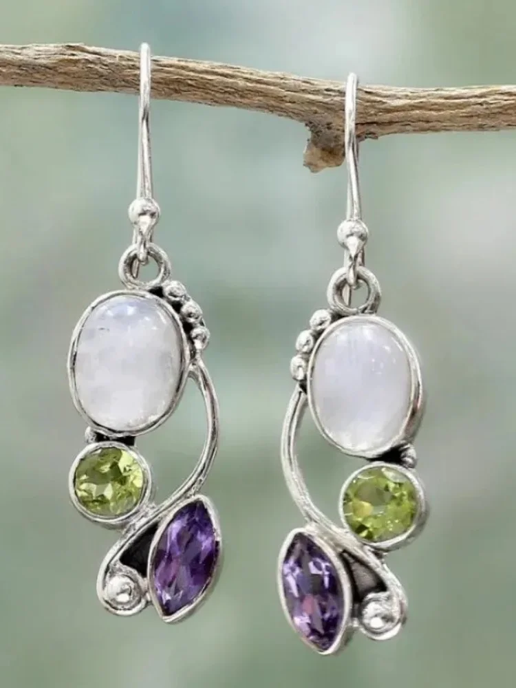 Boho Dangle Earrings for Women Vintage Moonstone Drop Earrings Ethnic Retro Pendant Ear Hook Beach Party Jewelry Gift