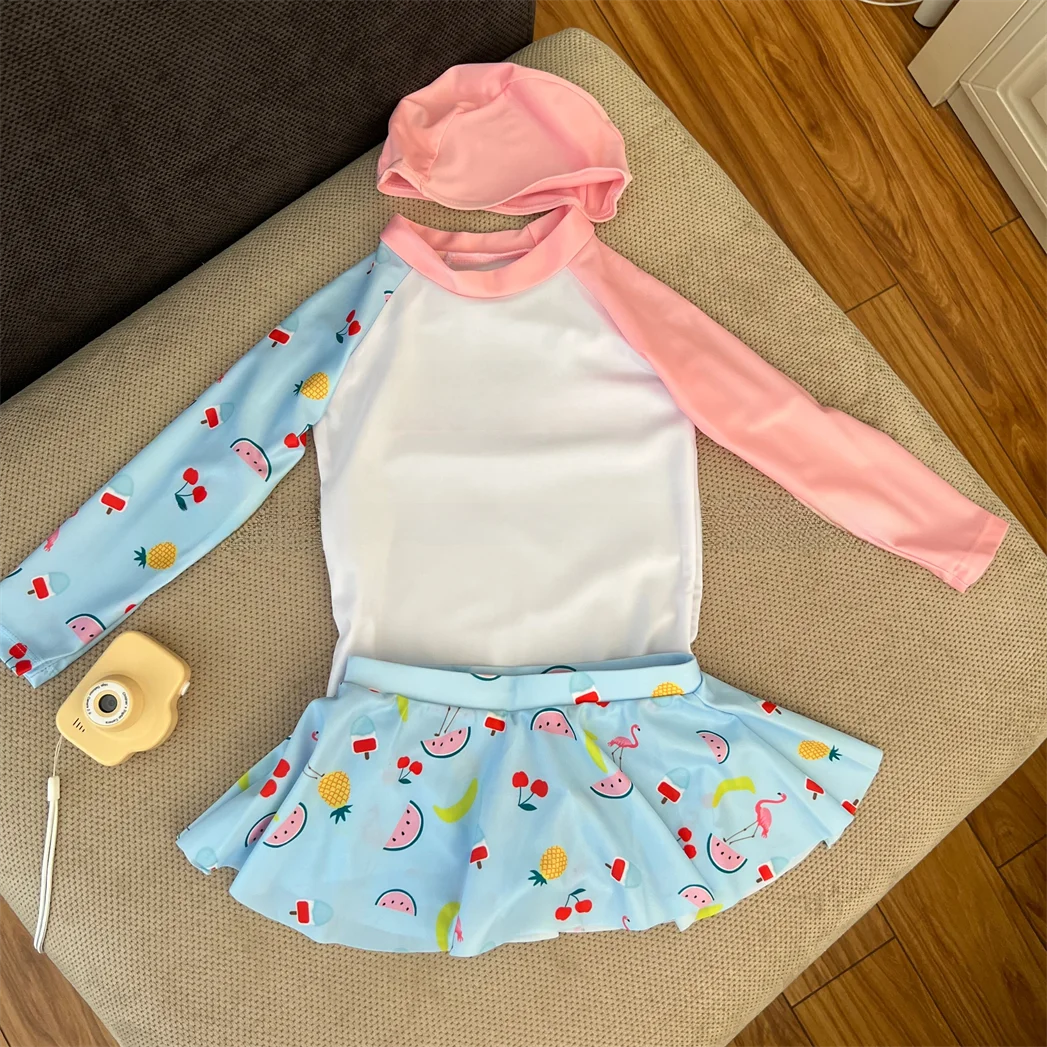 

Купальник из двух частей для девочек, с длинными рукавами, с защитой от солнца, быстросохнущий, светлых цветов, для маленьких и средних детей.