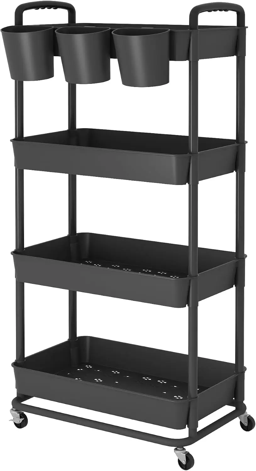 4 Tier Slim Space Saving Plastic Rolling Storage Trolley With Side Handle Extra Detachable Hanging Cups Lockable Swivel Wheels Multipurpose Utility Organizer Cart For Kitchen Bathroom Office Living Room Black