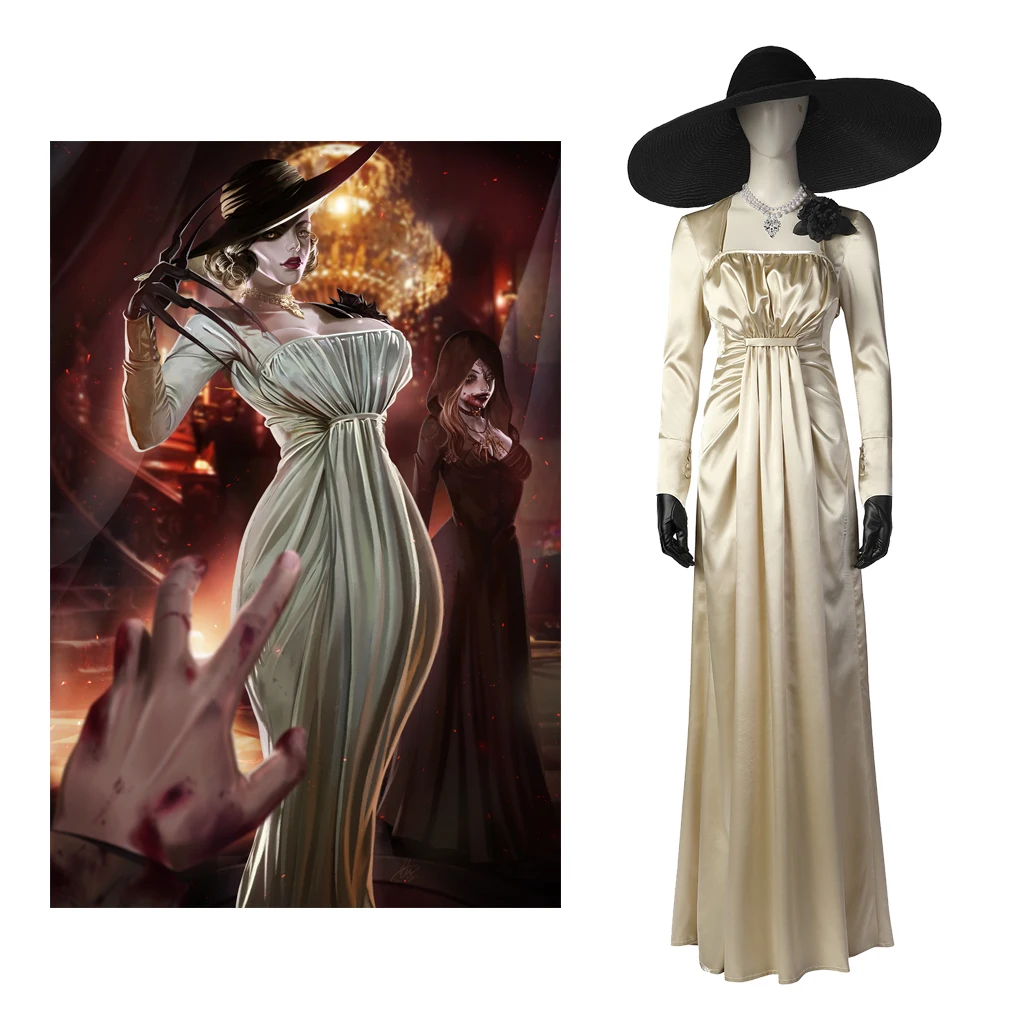 Lady Dimitrescu Cosplay Costume Dress Alcina Dimitrescu Vampire Lady Dress Outfit with hat gloves set Women Soft Dress