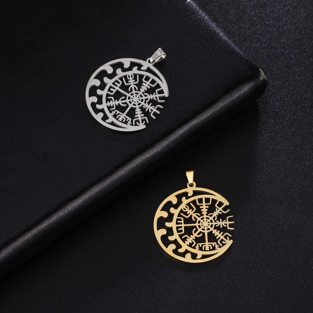 Dawapara Compass Vegvisir Pendant Crescent Amulet Runes Circle Stainless Steel Charms for Jewelry Making Nordic Gifts
