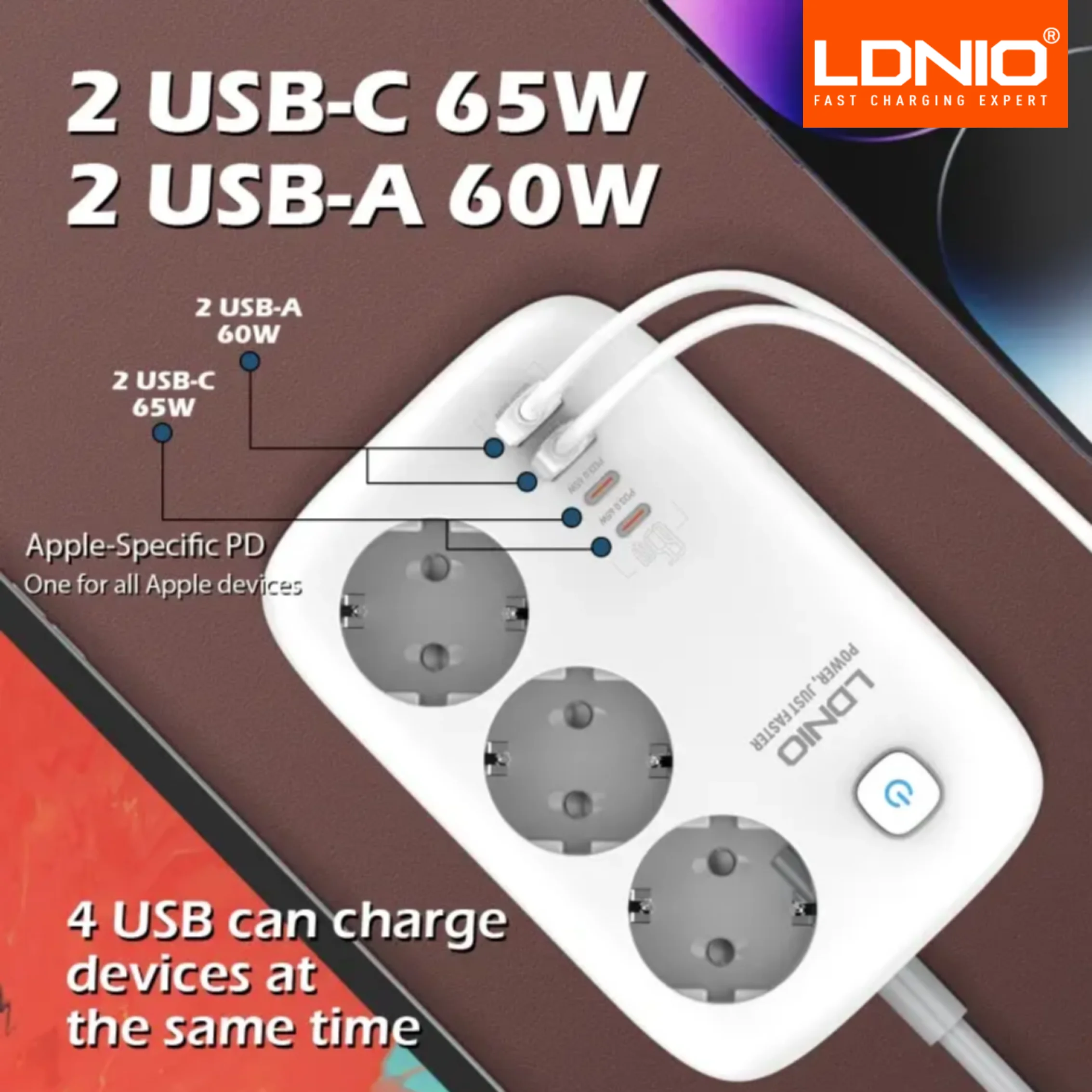 LDNIO 3 Outlets Power Strip EU Standard with PD 65W 4 USB Port USB Charging 2M Extension Cord Socket adapter