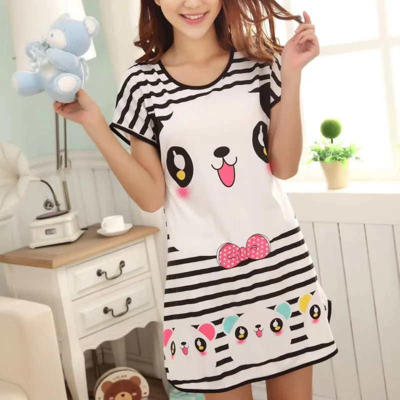 Summer Thin Korean Style Sexy Cute Women Cartoon Short Sleeve Milk Silk One Piece Sleepwear Nightdress Home Dress