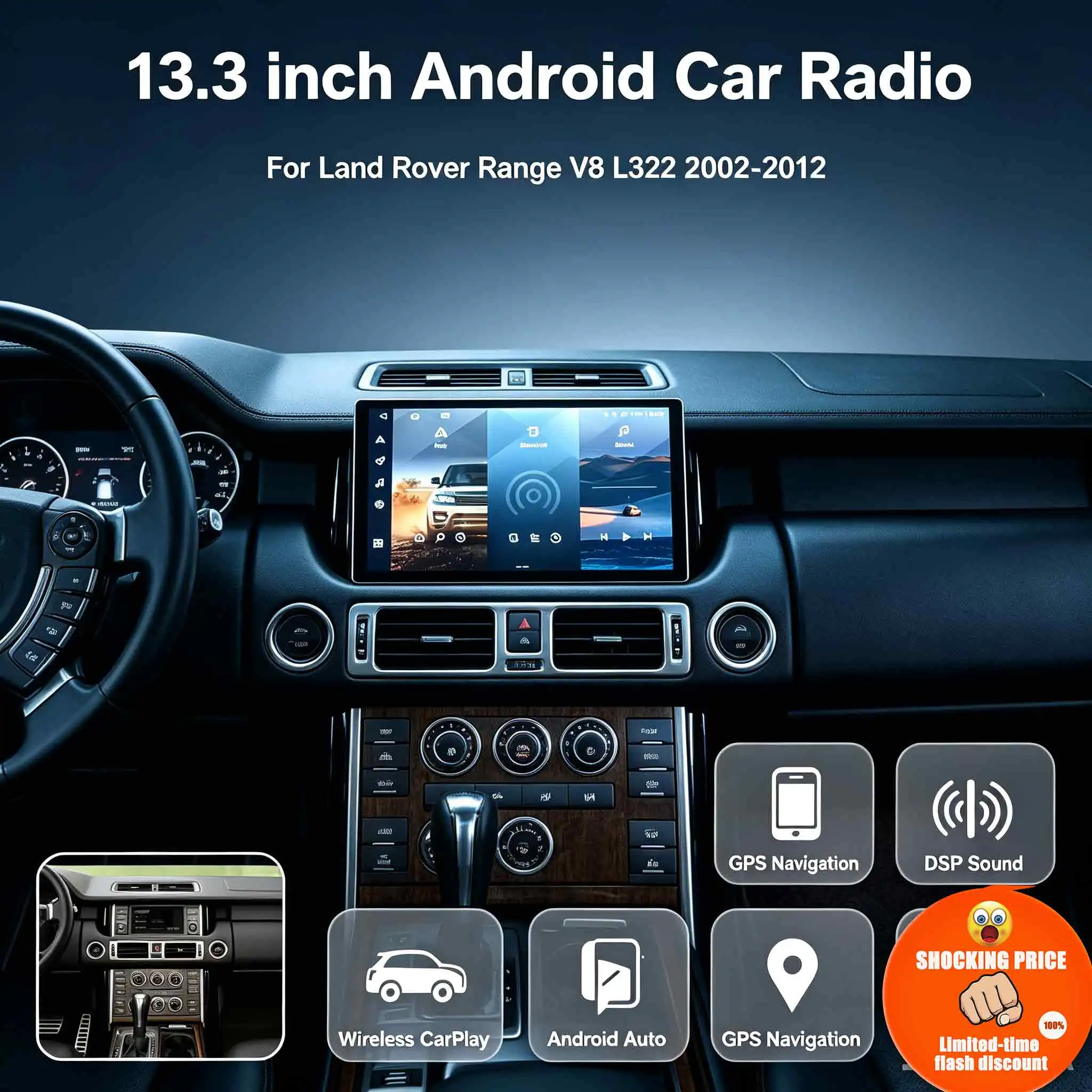13.3‘’ Android Car Radio Stereo Navigation GPS Navigator Multimedia Video Player For Land Rover Range V8 L322 2002 2003~2012