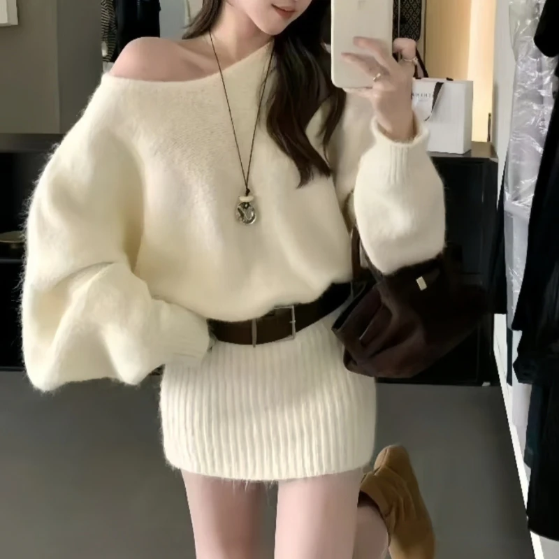 

Women’s Knit Pullover Sweater Bat Sleeve Sexy Long Knitwears Hip Skirt Sweater with Sashes Vintage Autumn Winter Knitted Jumpers