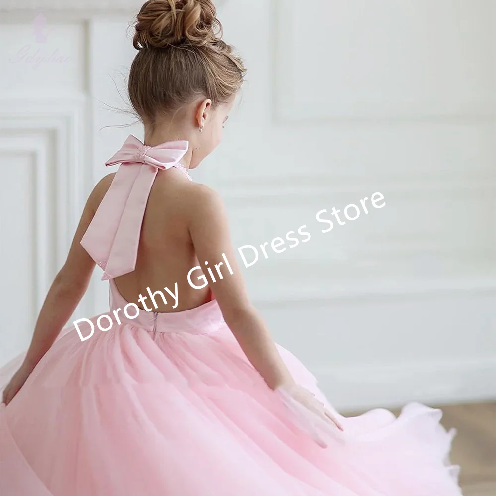 

Halterneck Sleeveless Pink Girls Birthday Party Gown Tulle Floor Length Wedding Party Bridesmaid First Communion Dresses