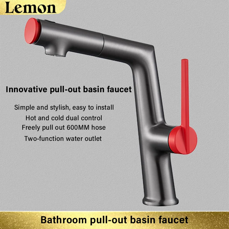 

Bathroom copper alloy pull-out basin faucet, multi-function water outlet, ceramic valve core, hot and cold dual control