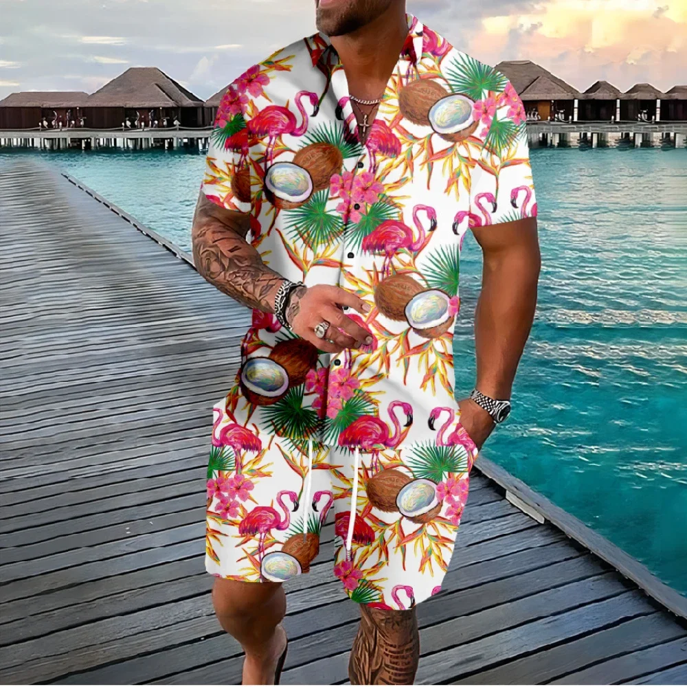 Hawaiian Flamingo Coconut Tree 3d Print Short Sleeve Shirt+Shorts 2Pcs Set Casual Beachwear Vacation 2 Piece Suits Men Clothing