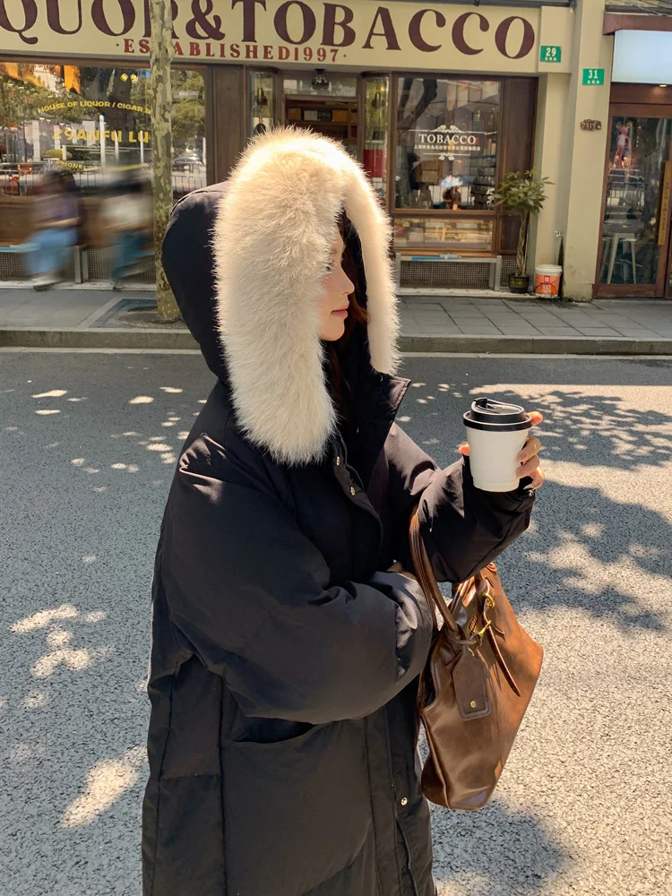 Damska kurtka puchowa do połowy łydki z dużym futrzanym kołnierzem, nowa kolekcja zima 2024, koreański styl, elegancka, wiatroodporna, ciepła, ocieplana.