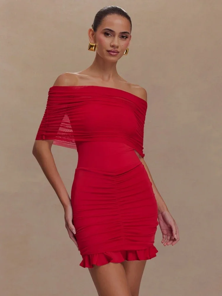 

Sexy Mesh Strapless Flods Patchwork Ruffles Mini Dress Women Off-shoulder Pleated Bodycon Dresses Evening Party Coktail Gowns