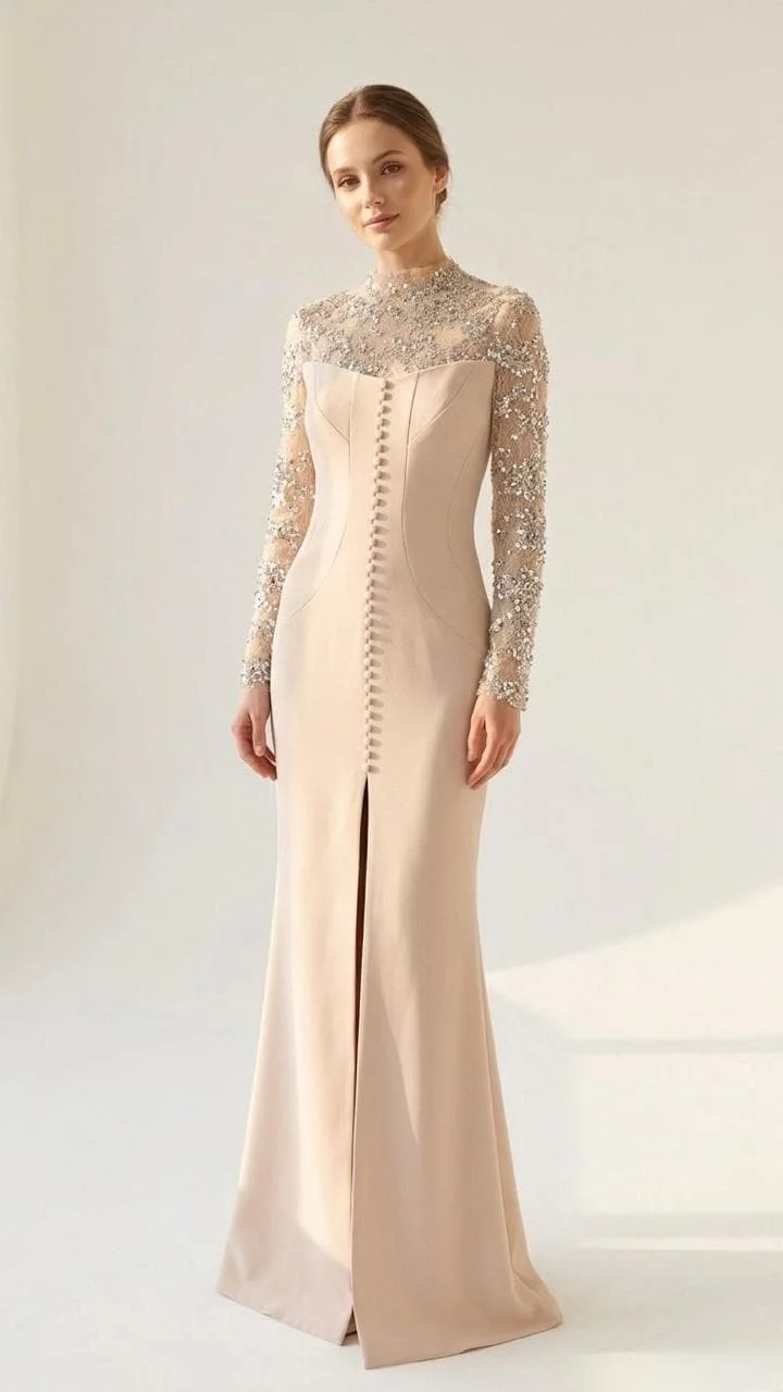Customized High Neck Long Sleeve Beaded Mermaid Evening Dress Stretch Satin Split Formal Gown Wedding Guest Party Modest Dress