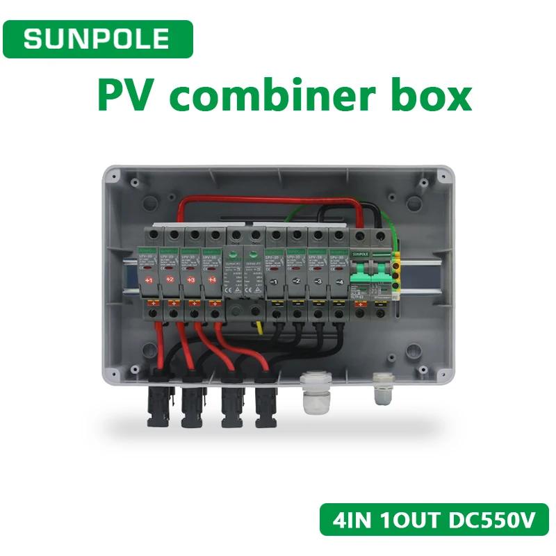 PV Combiner Box 4 input 1 output DC550V Solar photovoltaic With Lightning Protection Fuse SPD MCB Waterproof Box IP65 15ways