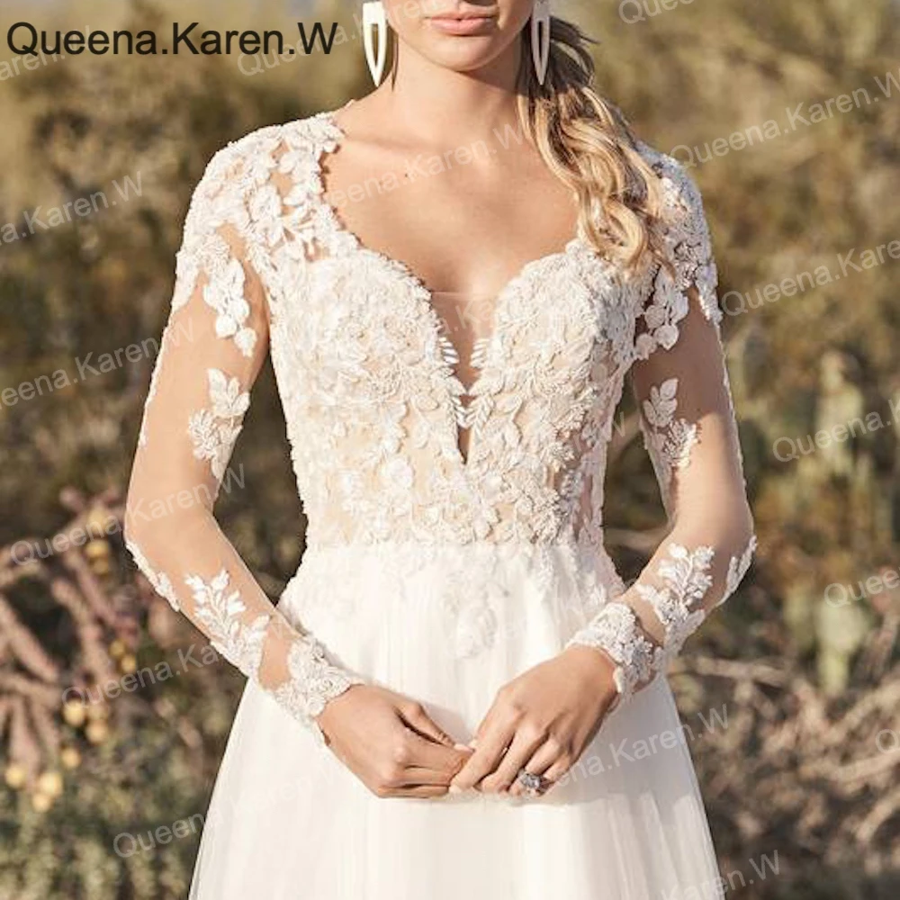 Elegant Boho A line Wedding Dress long sleeve lace applique bride dress robe de mariee A line Wedding Bridal Gown