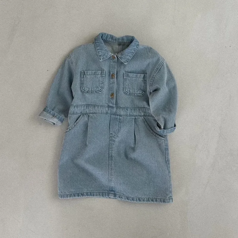 

2025 Autumn New Girls Denim Dress Children Long Sleeve Lapel Princess Dress For Baby Girl Denim Casual Dress Kids Clothes