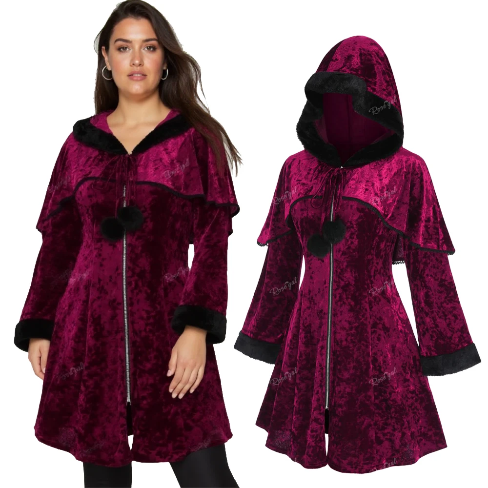 

ROSEGAL плюс размер темно-красное пальто с капюшоном женское повседневное пальто с меховой отделкой воротник на молнии и завязанная накидка шаль бархатные пальто комплект